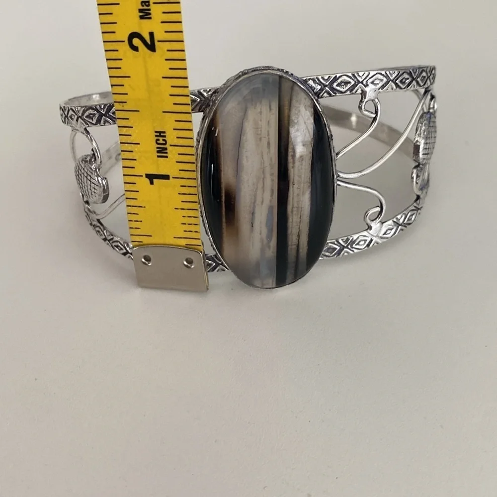 Handmade XL Chunky Smoky Quartz 925 Sterling Silver Cuff Bracelet